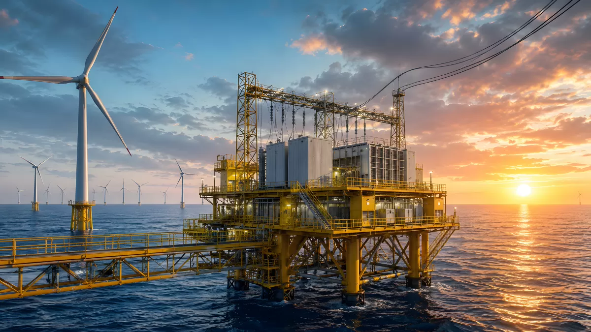 Offshore-Umspannwerk im Windpark bei Sonnenuntergang