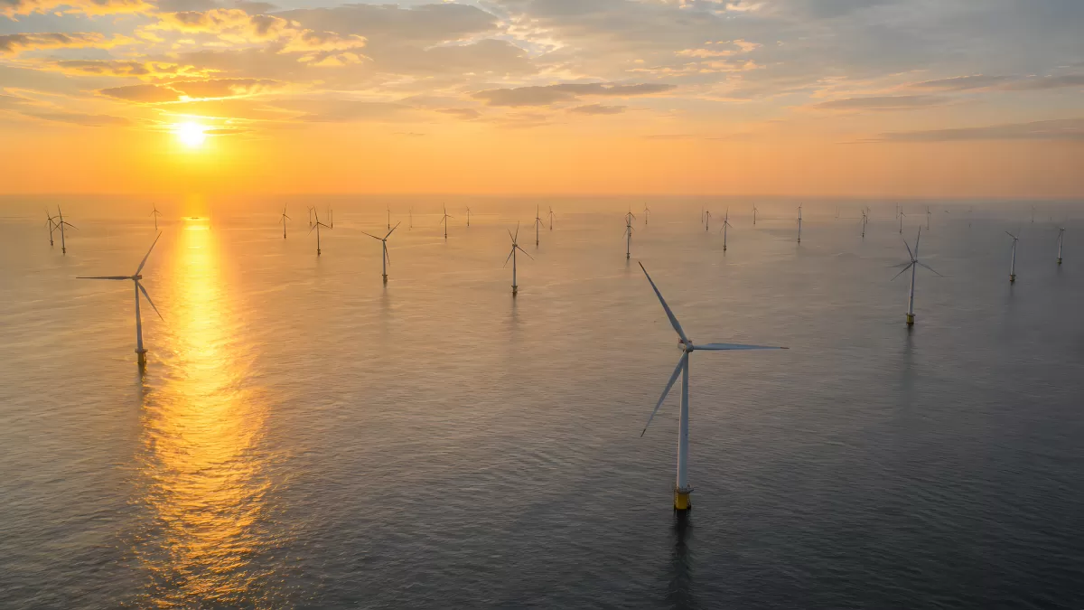 Offshore-Windpark bei Sonnenuntergang über dem Meer