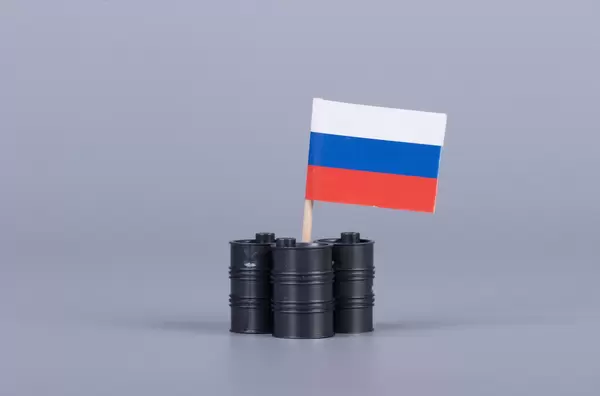 Oil barrels with flag of Russia