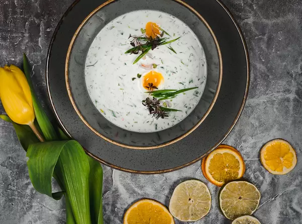 Okroshka - Traditional Russian Cold Soup With Fresh Cucumber, Boiled Eggs And Dill Close Up