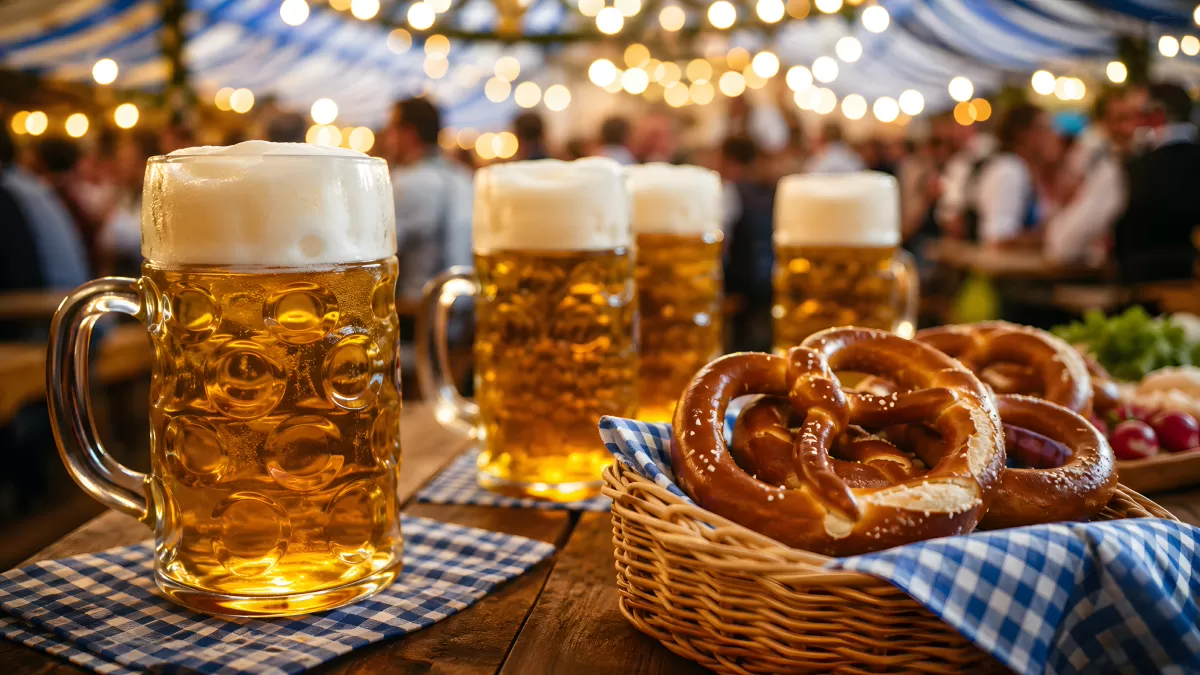 Oktoberfest-Stimmung mit Masskrügen und Brezeln