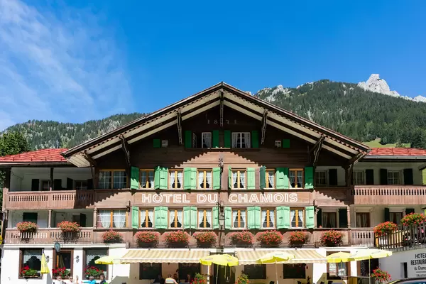 Old beautiful wooden hotel in Swiss mountains