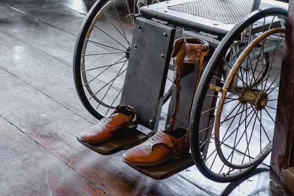 Old leather shoes on a vintage wwheelchair
