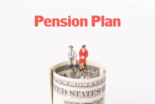 Older man and women sitting on dollar banknote with Pension Plan text