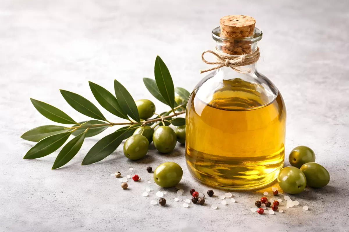 Olivenöl in Glasflasche mit frischen grünen Oliven