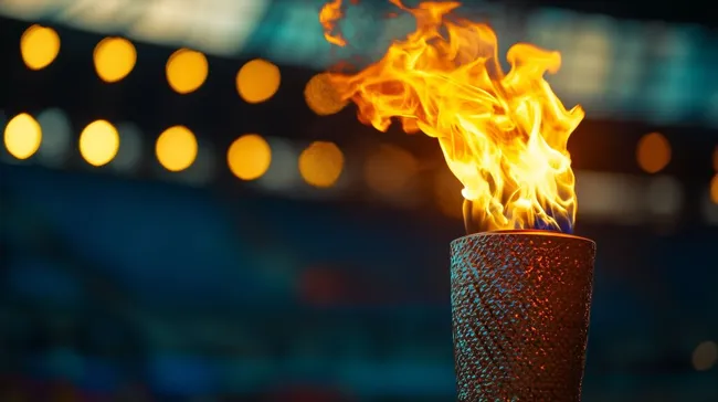 Olympische Fackel in Nahaufnahme mit lodernder Flamme