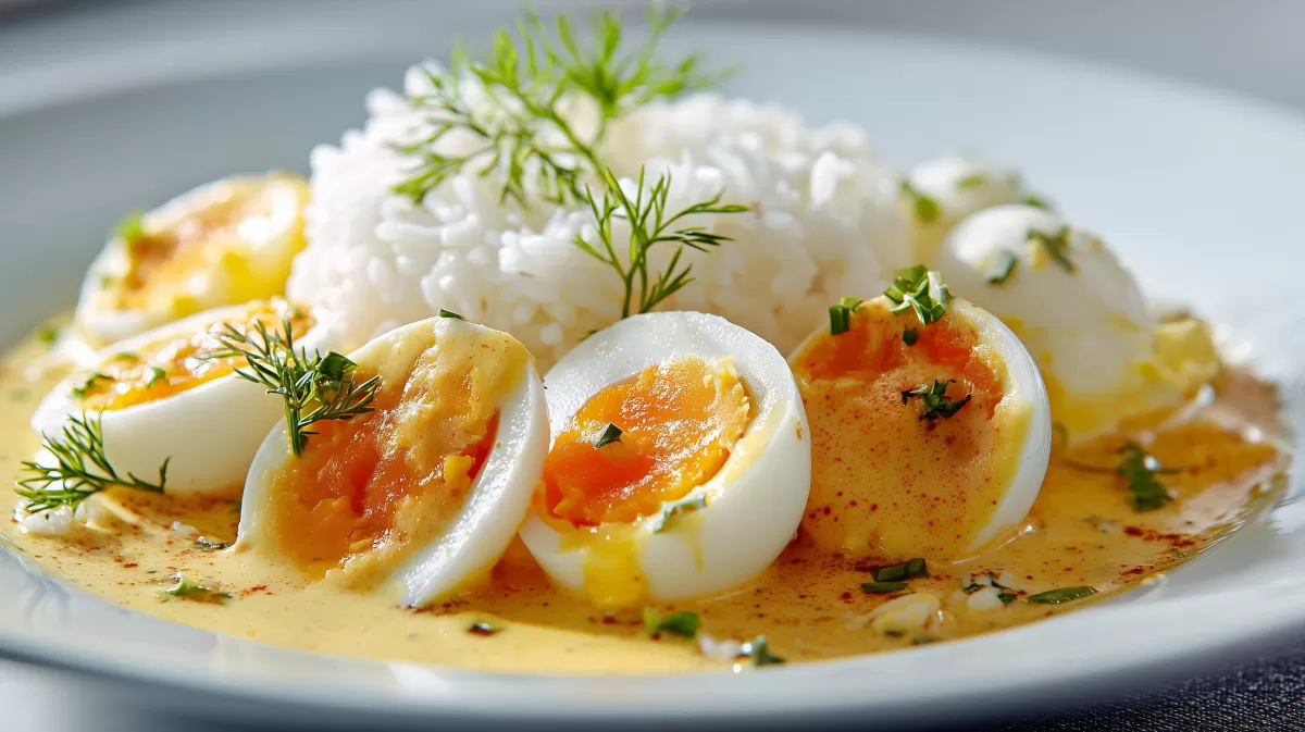 Oma Annas Senfeier mit Reis und Dill auf Teller