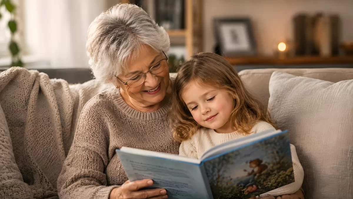 Oma liest Enkelin ein Bilderbuch vor im Wohnzimmer