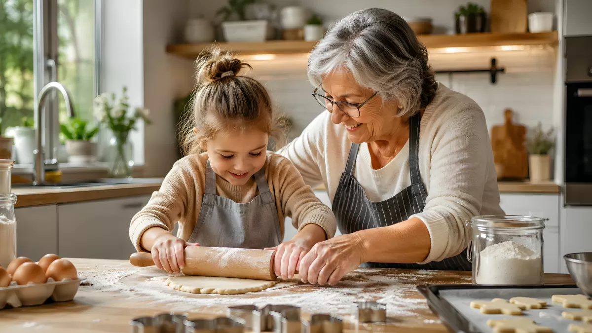 Oma und Enkelin backen gemeinsam Kekse