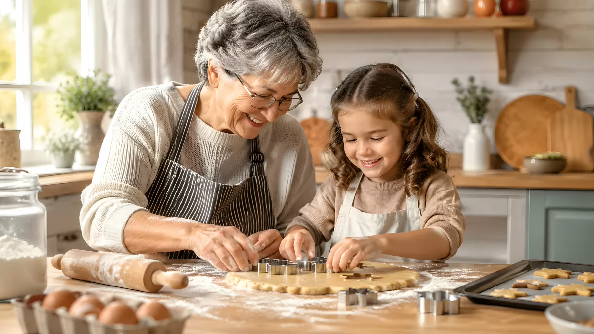 Oma und Enkelin backen gemeinsam Plätzchen