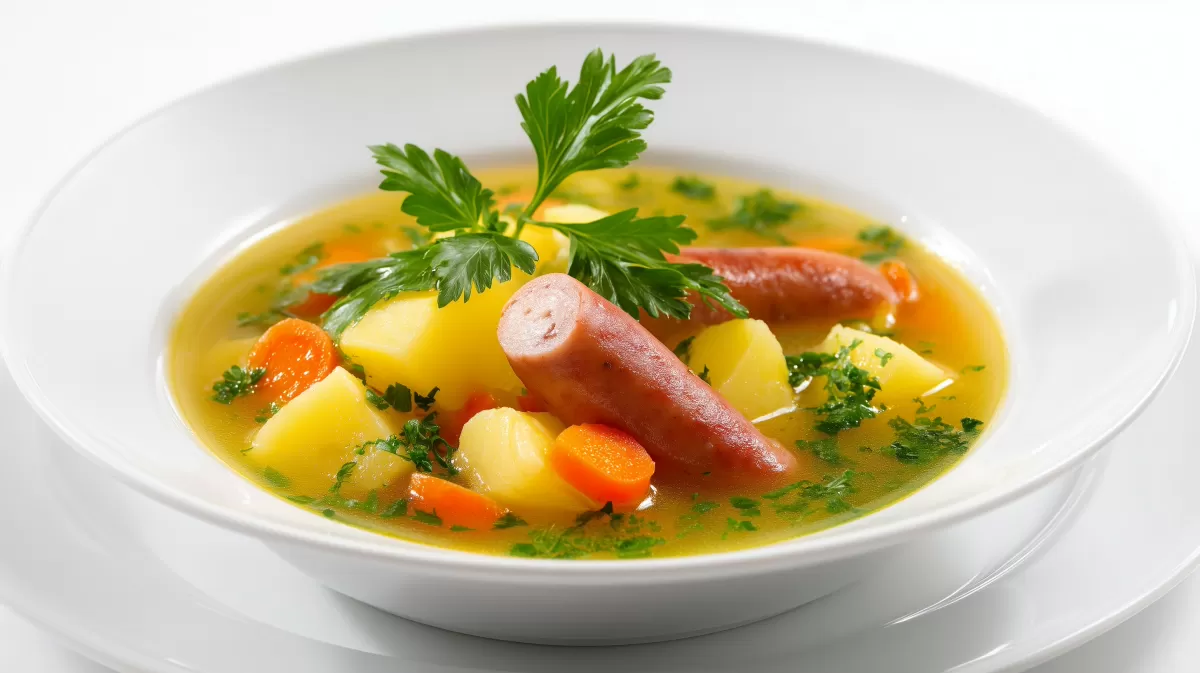 Omas Erbsensuppe mit Wiener Würstchen und Gemüse