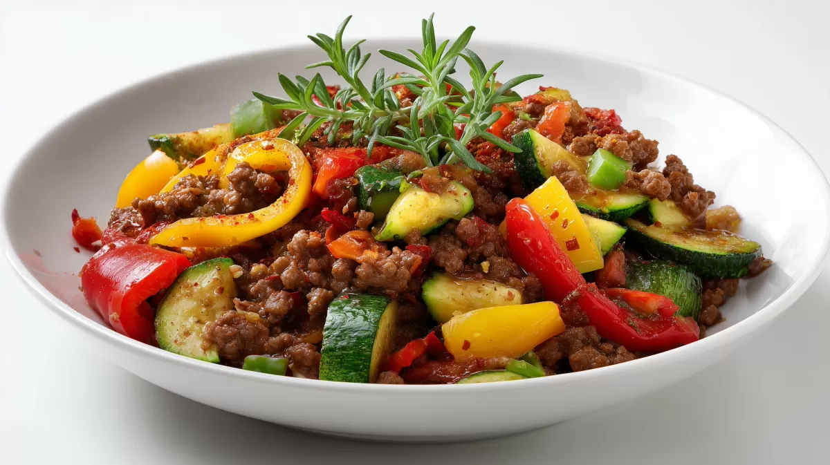 Omas Hackfleischpfanne mit Gemüse in weißer Schale