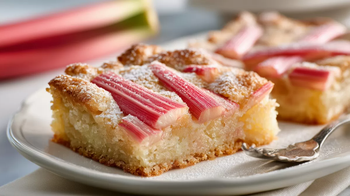Omas Rhabarberkuchen – saftiges Stück auf Teller