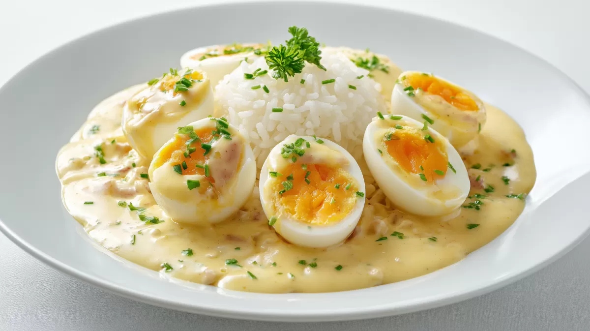 Omas Senfeier mit Reis in cremiger Senfsoße