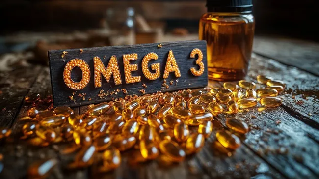 Omega 3 Fischlöl-Softgel-Kapseln auf rustikalem Holztisch