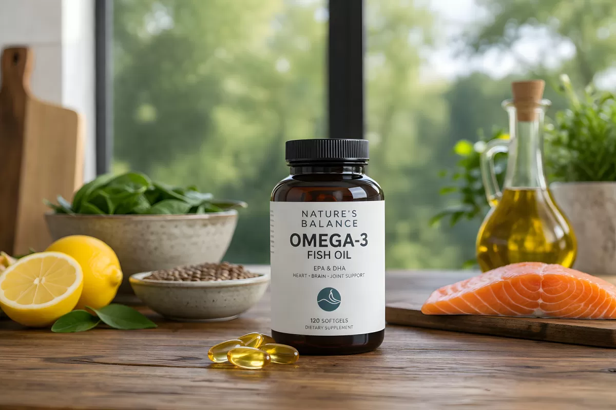 Omega-3 Fischöl Kapseln auf rustikalem Holztisch