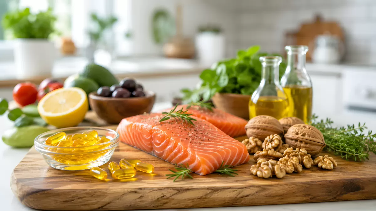 Omega-3-reiche Lebensmittel auf Holzbrett in heller Küche