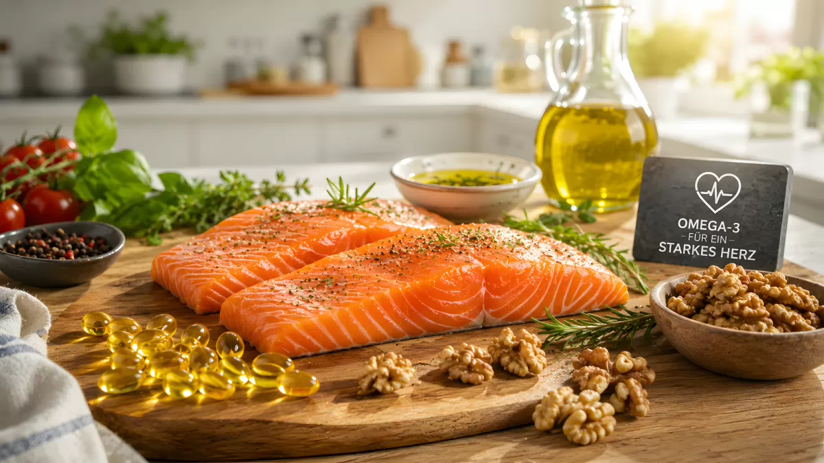 Omega-3-reiche Lebensmittel mit Lachs und Walnüssen