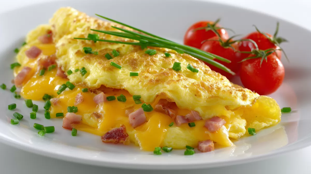 Omelett mit Schinken und Käse auf weißem Teller