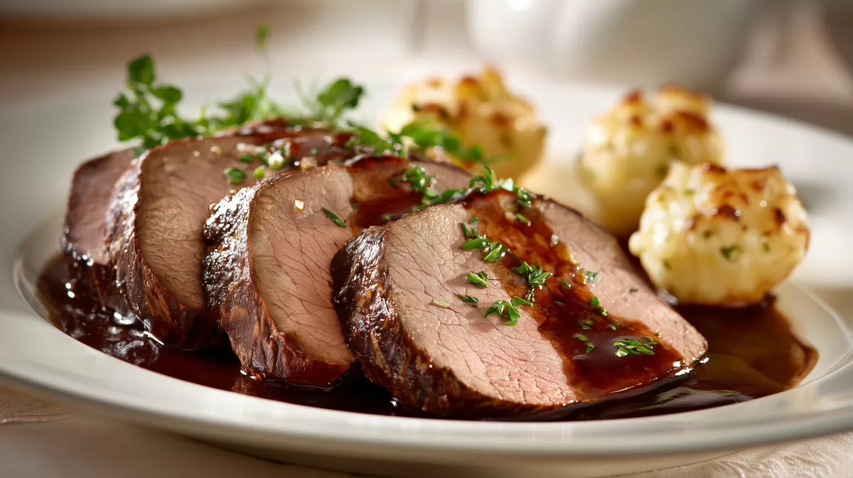 Omis Rinderbraten mit Rotweinsoe und Kartoffeln