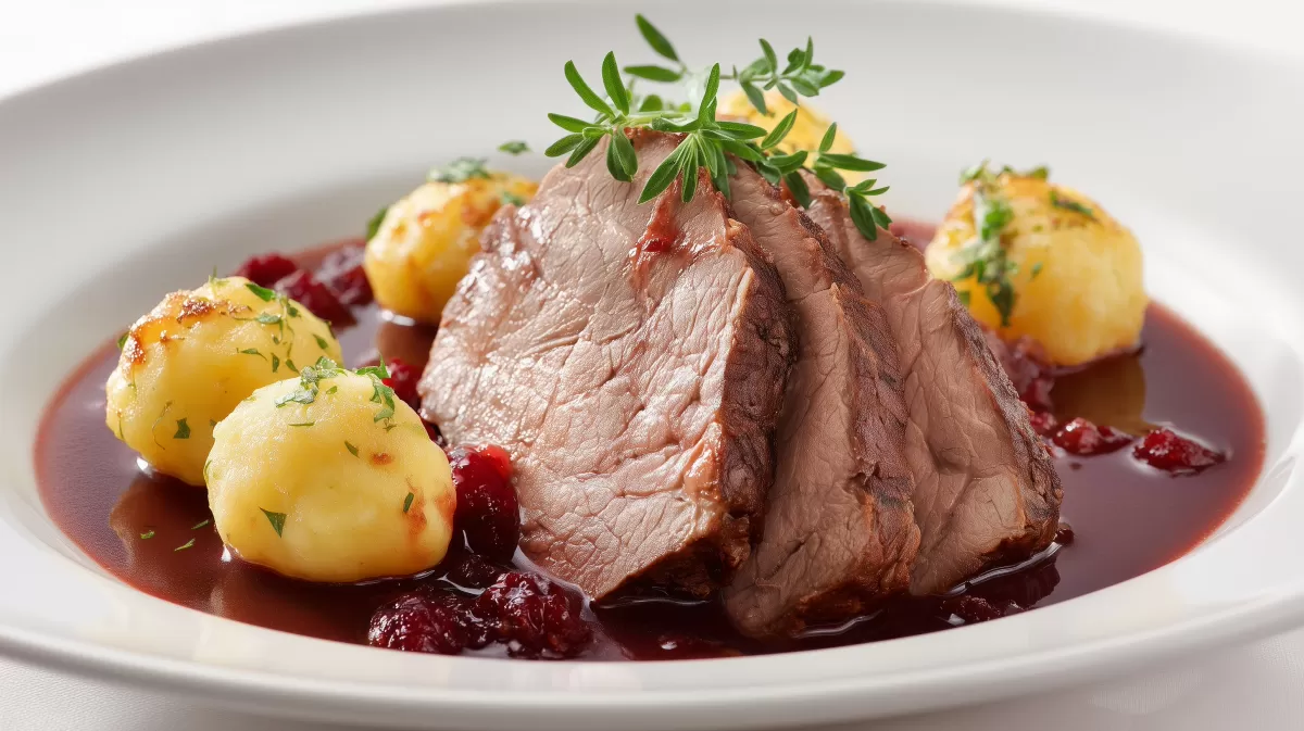 Omis Rinderbraten mit Rotweinsoe und Klößen