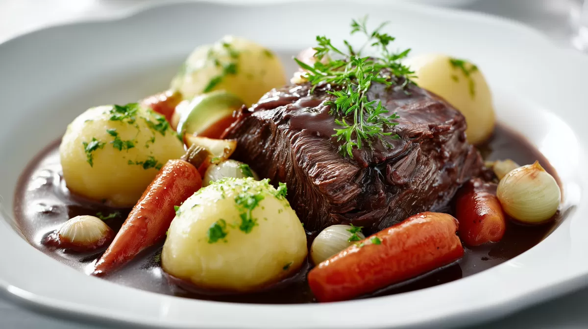 Omis Rinderbraten mit Rotweinsoße und Kartoffeln