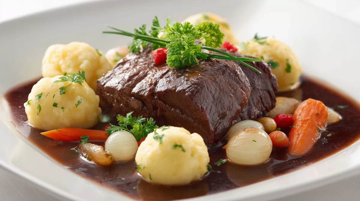 Omis Rinderbraten mit Rotweinsosse und Klößen