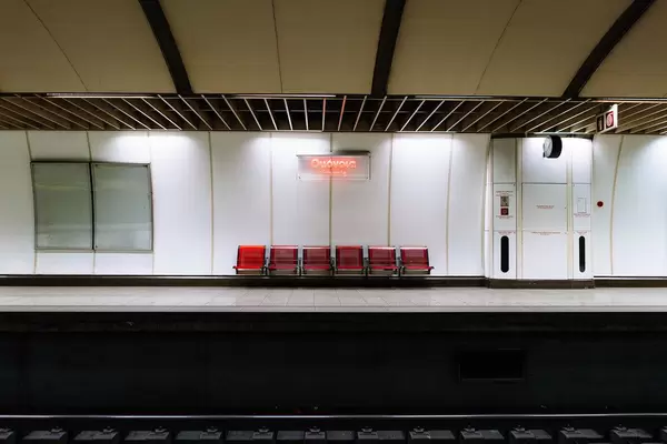 Omonia subway station neon sing in Athens, Greece