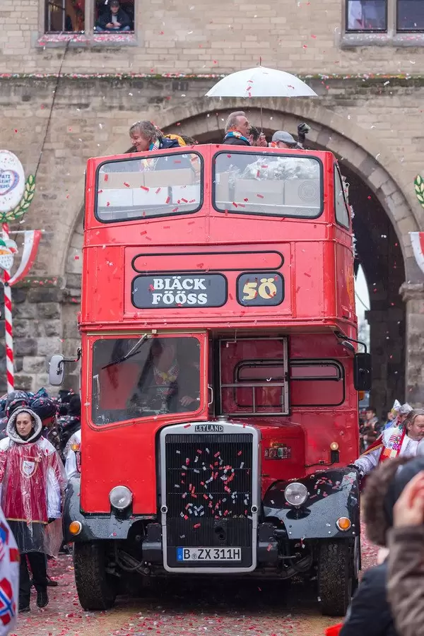 One of the most known and successful music bands from Cologne, Bläck Fööss, celebrates its 50th anniversary by parading on board a double-decker bus on Rose Monday in Cologne