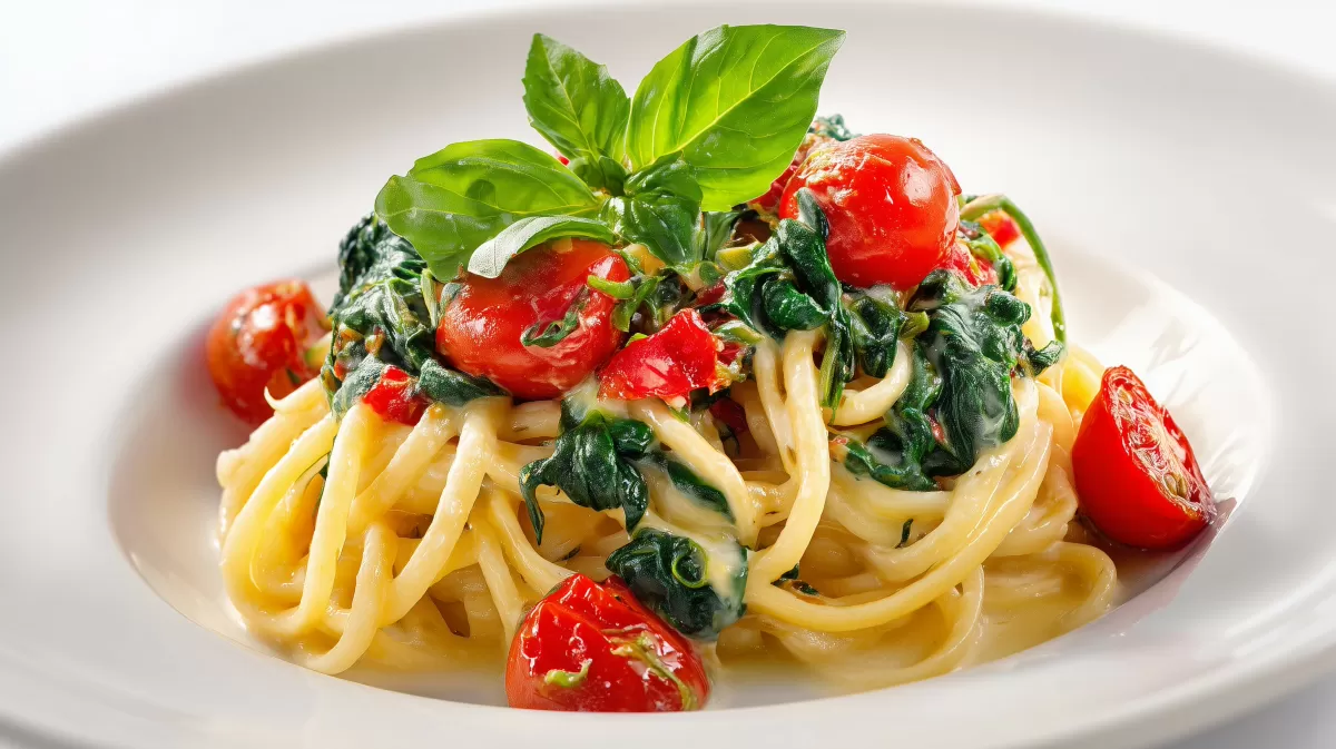 One Pot Pasta vegetarisch mit Spinat und Tomaten