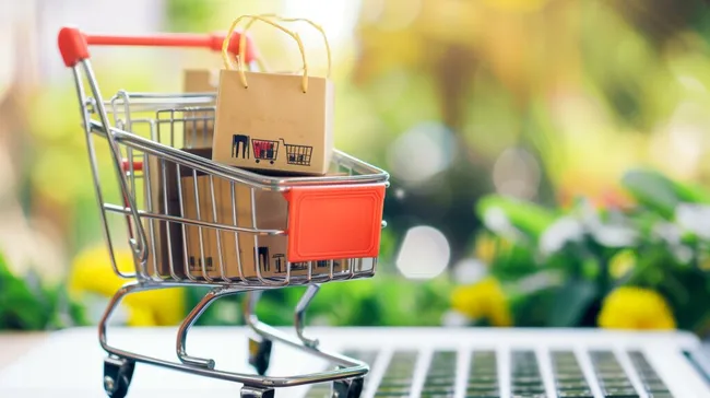 Online-Einkaufstüten im virtuellen Einkaufswagen