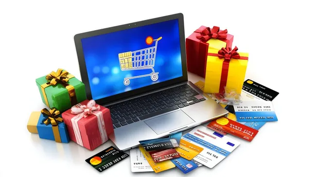 Online-Geschenkeinkäufe mit Laptop und Kreditkarten