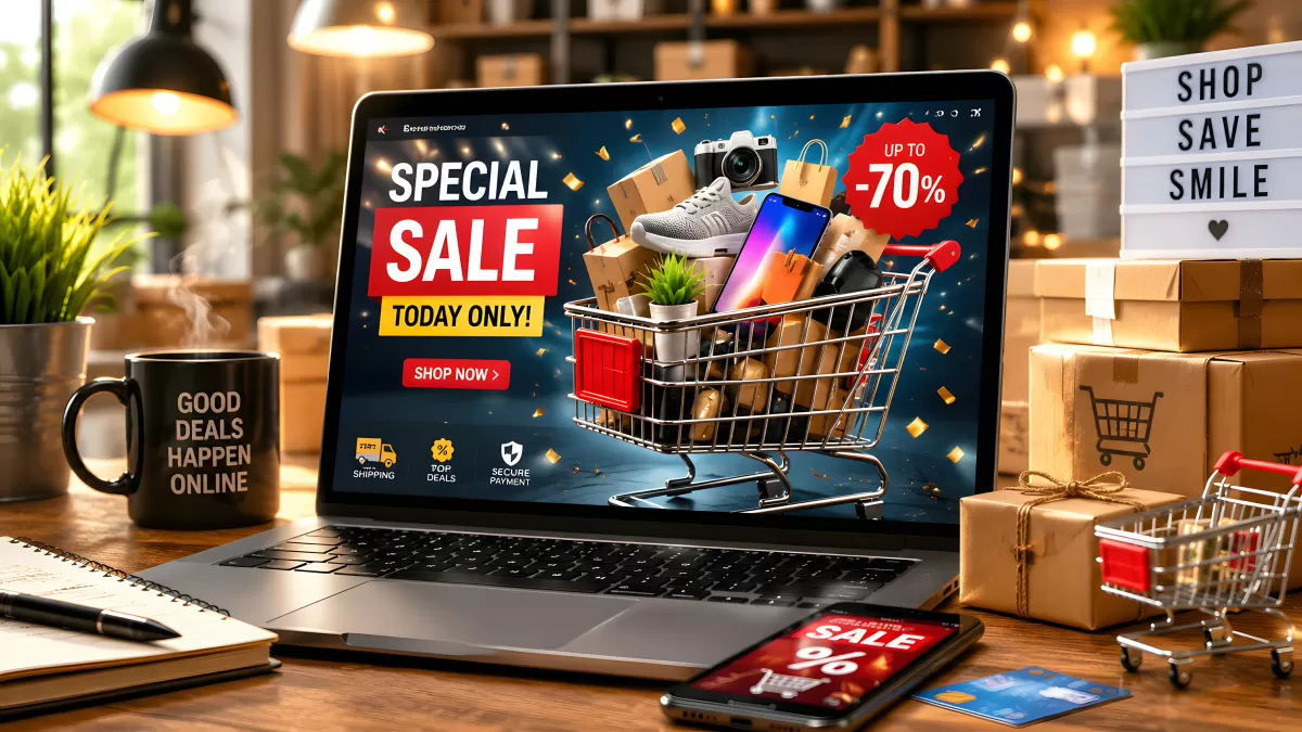Online-Shop Sonderangebot auf Laptop mit Einkaufswagen