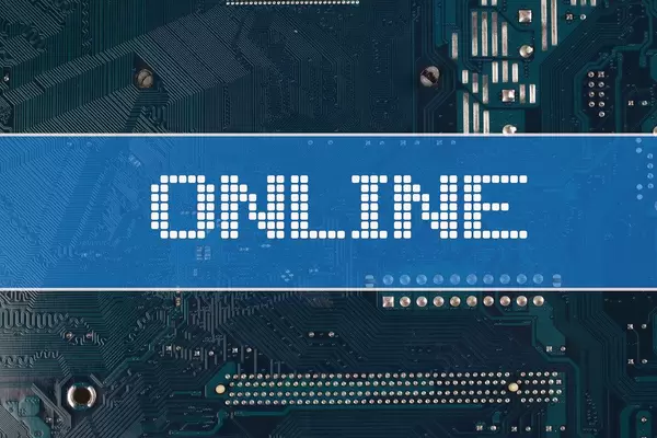 Online text over electronic circuit board background