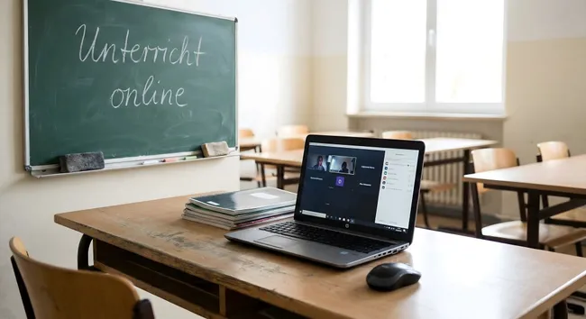 Online-Unterricht am leeren Klassenzimmertisch