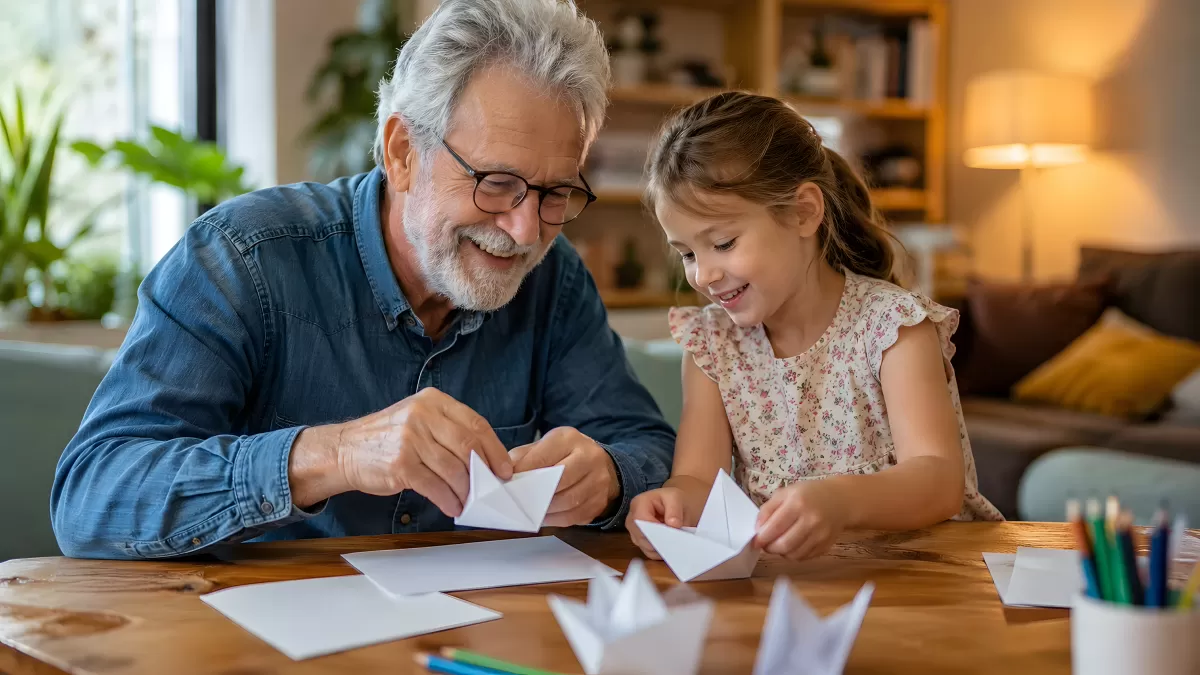 Opa und Enkelin falten gemeinsam Origami