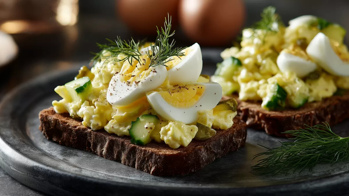 Opas Eiersalat auf dunklem Roggenbrot mit Dill