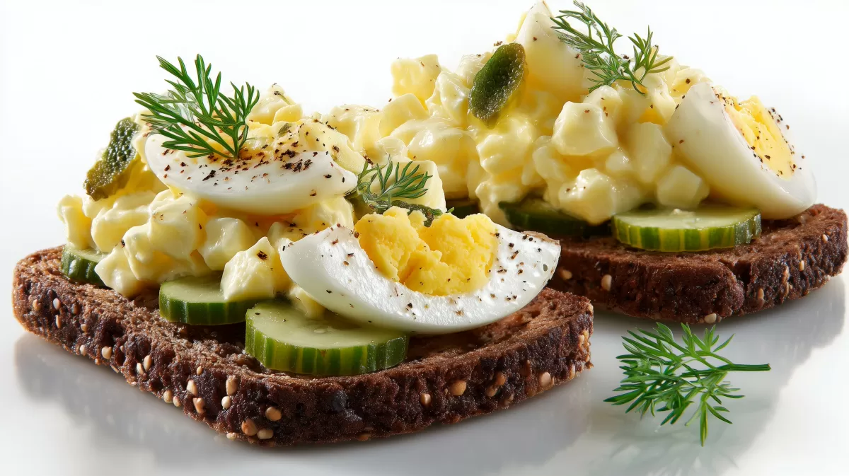 Opas Eiersalat auf dunklem Vollkornbrot mit Gurke