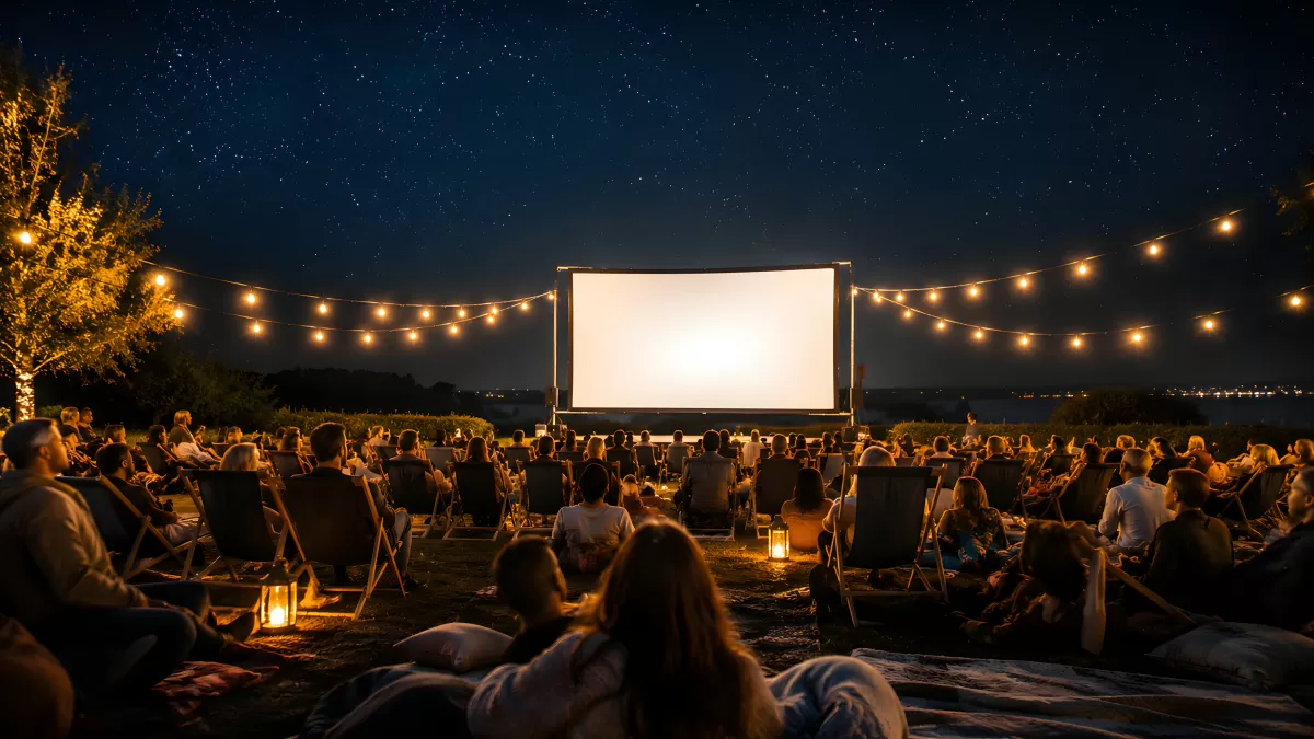 Open-Air-Kino unter Sternenhimmel mit Lichterketten