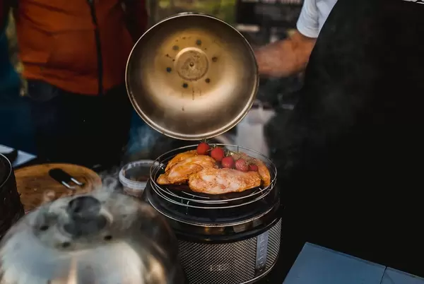 Open Grill Pan With Marinated Lamb With Strawberries