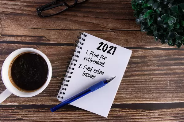 Open notebook with 2021 Plans list on wooden table