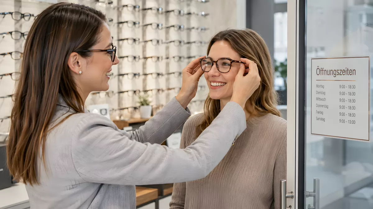 Optikerin passt Kundin neue Brille an