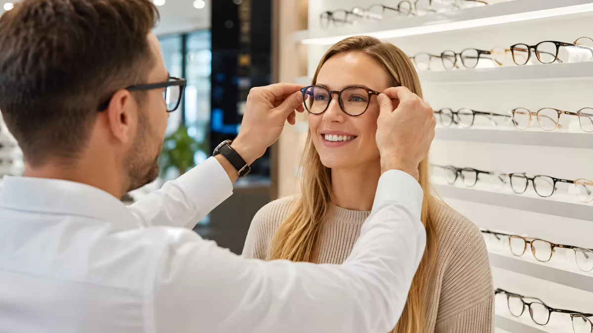 Optikerin passt Kundin neue Brille im Geschäft an