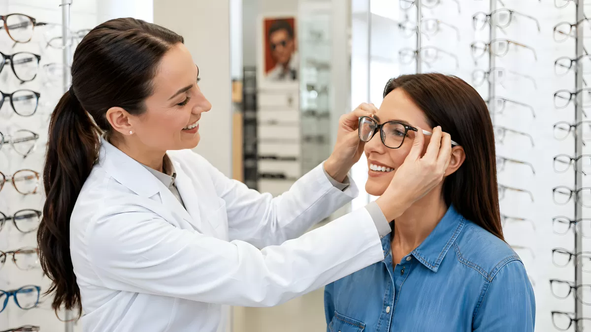 Optikerin passt Kundin schwarze Brille an