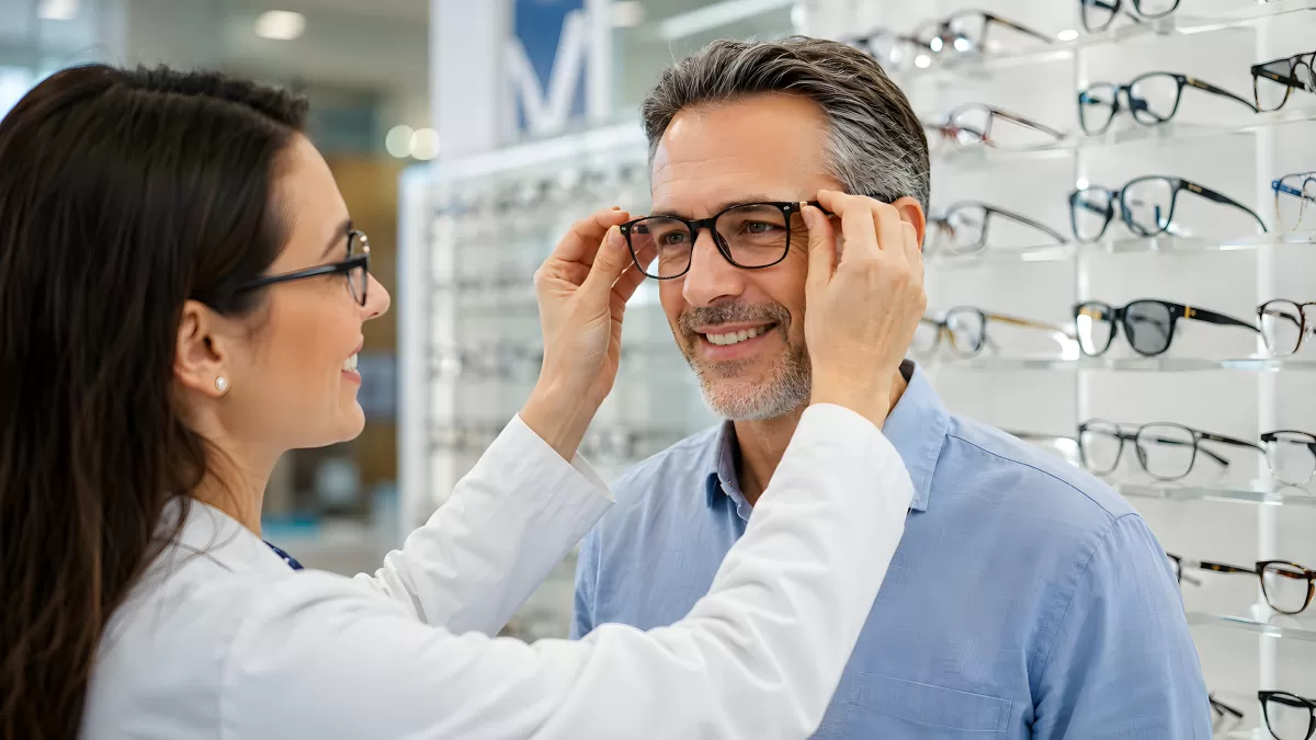 Optikerin passt Kundin schwarze Brille im Fachgeschäft an