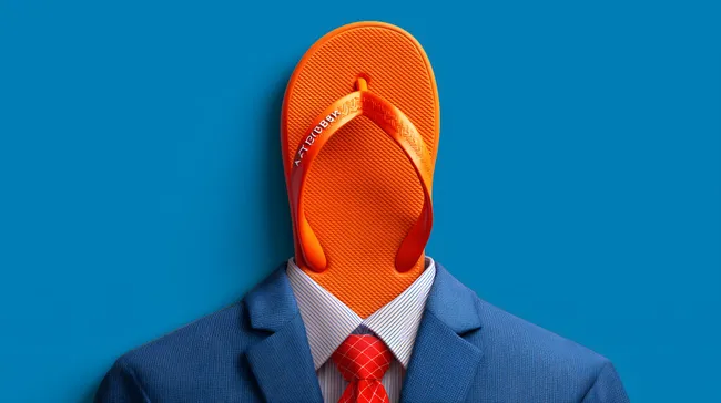 Orange Flip-Flop-Kopf im formellen Anzug