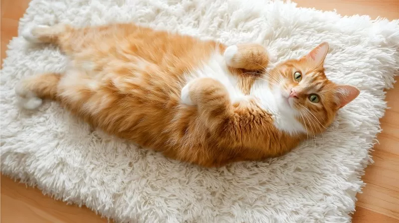 Orange Katze liegt ausgestreckt auf weichem Teppich