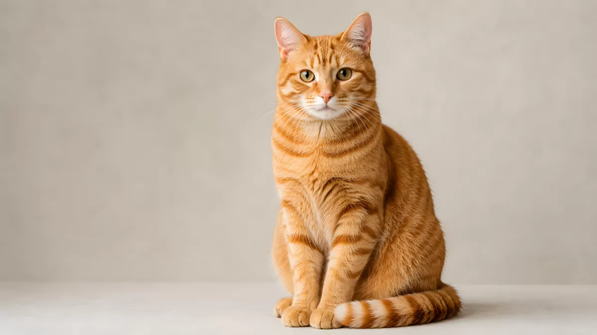 Orangefarbe getigerte Katze sitzt vor hellem Hintergrund