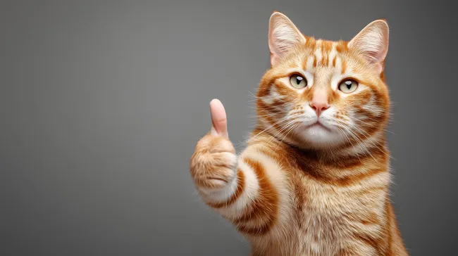 Orangefarbene Katze zeigt Daumen hoch auf grauem Hintergrund