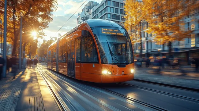 Orangefarbene Straßenbahn in einer Herbststadt